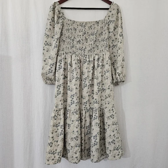 Orange Creek Long Sleeve Square Neck Ruched Midi Dress in Cream & Blue Floral - Picture 1 of 3